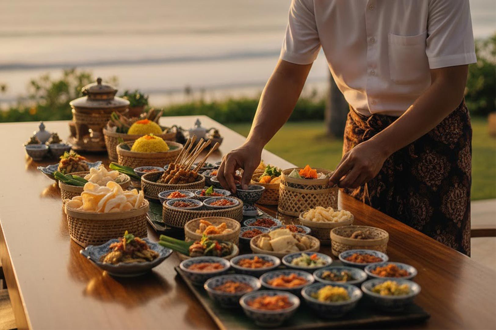 A chef preparing a spread of traditional Balinese cuisine, featuring satay, yellow rice, and various sambals on a table overlooking the beach at sunset.