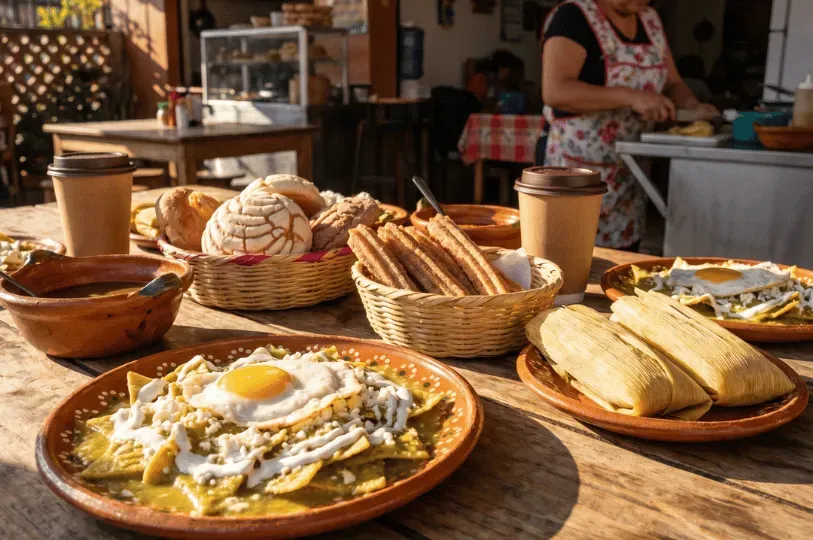 A rustic wooden table laden with a vibrant Mexican breakfast, including plates of green chilaquiles topped with fried eggs, tamales, churros, and conchas, with a woman cooking in the background.