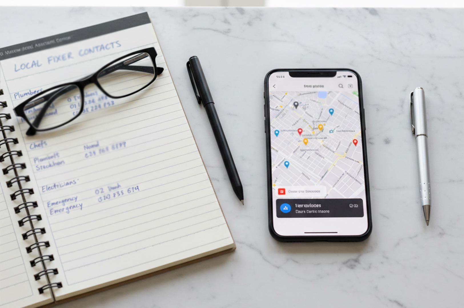 A top-down view of a white marble desk featuring a notebook titled 