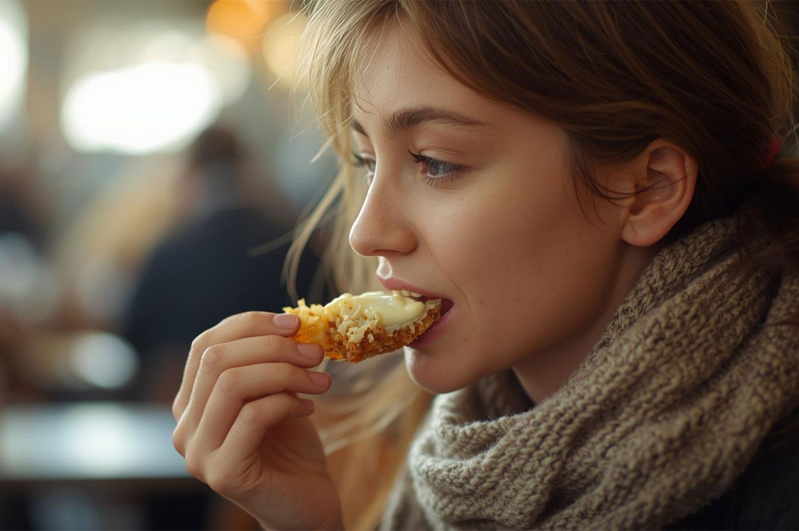 Close-up profile of a young woman wrapped in a scarf, taking a mindful bite of a piece of fried food topped with a creamy sauce in a casual restaurant.