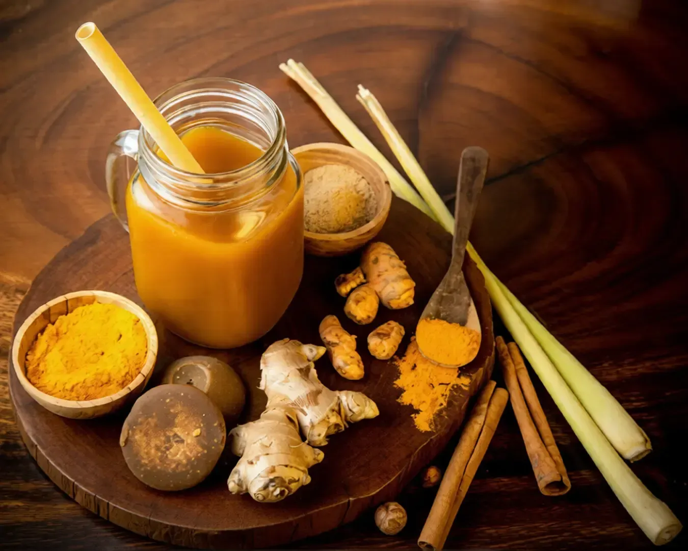 A mason jar filled with turmeric juice and a straw is surrounded by ginger, turmeric powder, lemongrass, and cinnamon sticks on a wooden board.