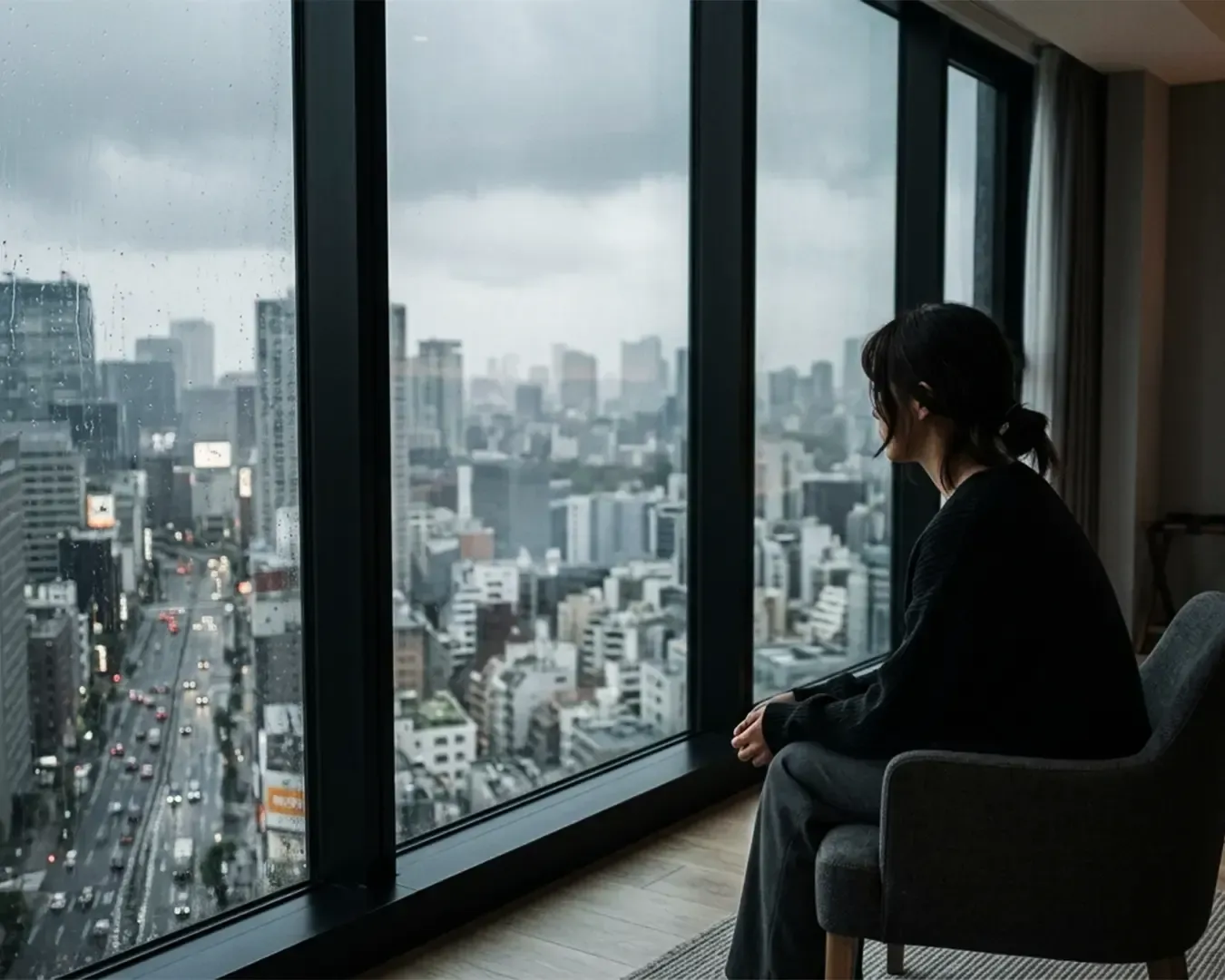 A woman sits quietly beside a large hotel room window, gazing out at the city skyline. Soft natural light enters the room, creating a calm and reflective travel moment.