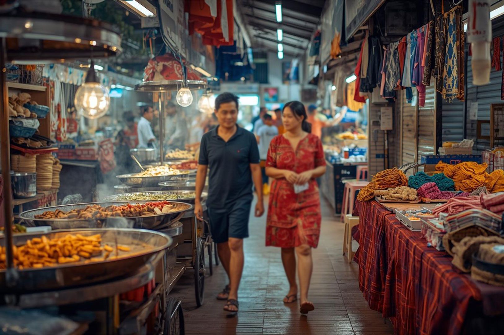 A couple walking through a busy indoor night market aisle, surrounded by stalls serving street food in large metal trays and shops selling hanging clothes.