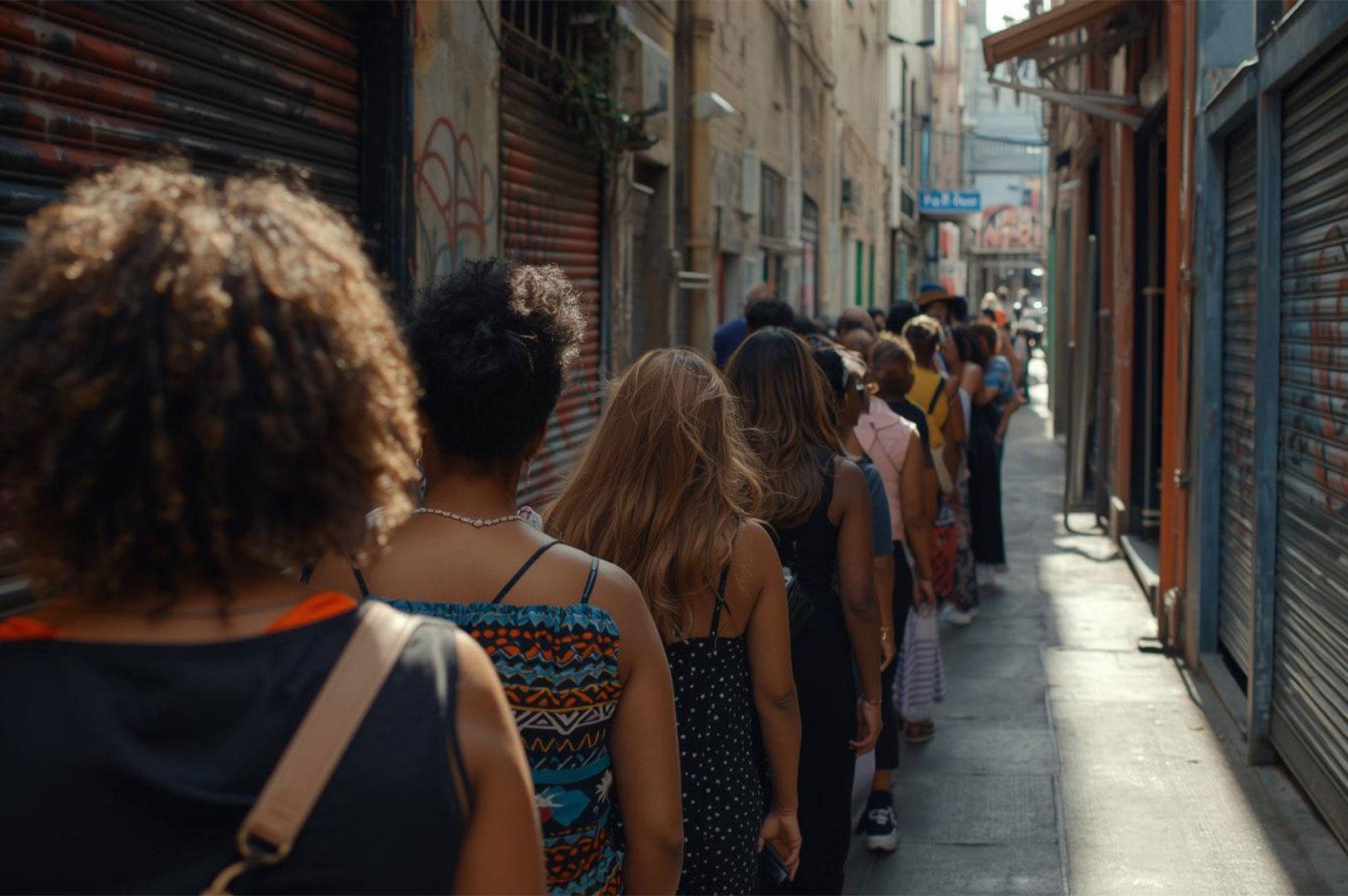 A long queue of people standing in line along a narrow, sunlit urban alleyway with graffiti-covered roller doors.