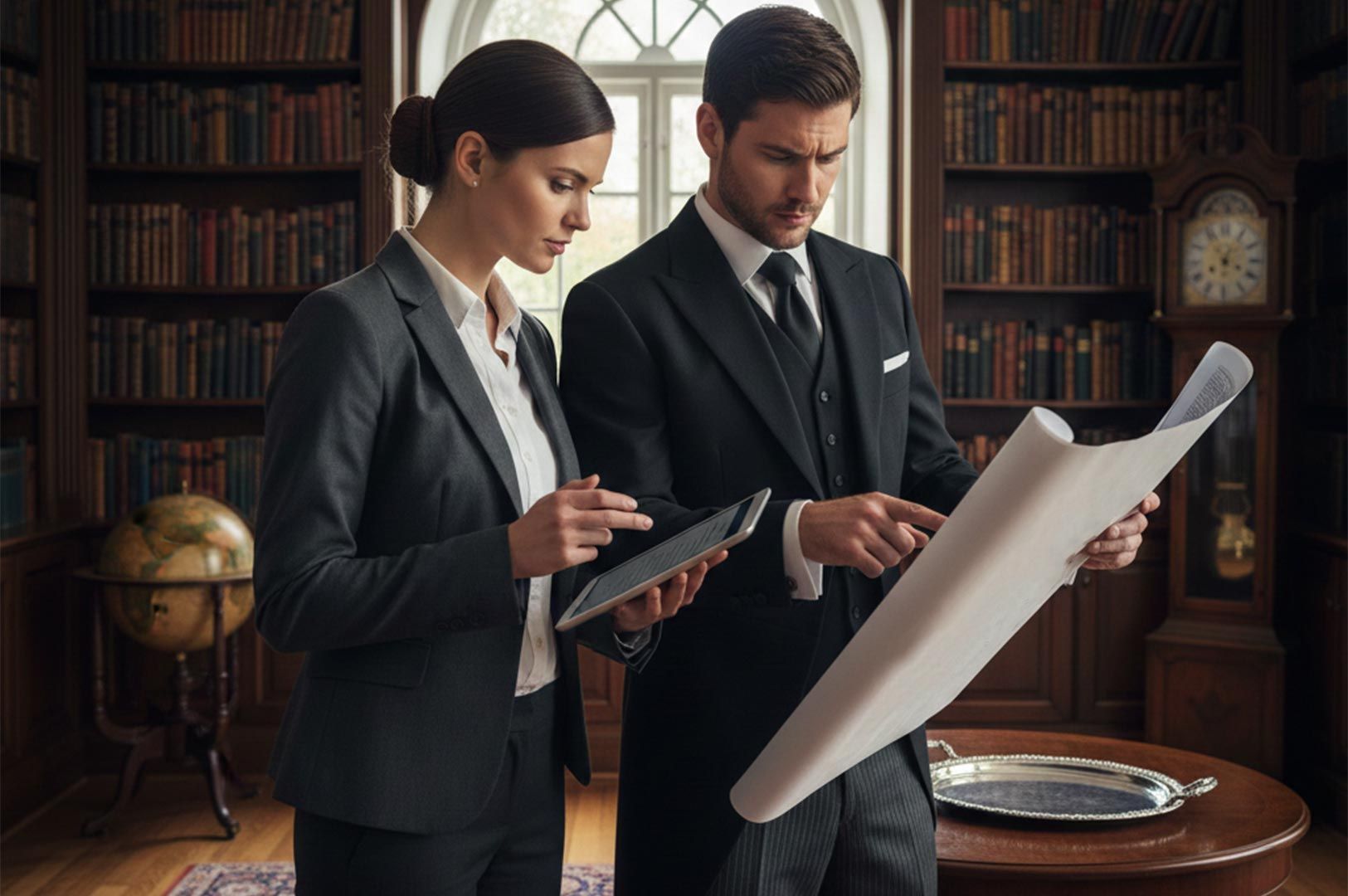 Two professionals in formal business attire reviewing a large printed blueprint and a tablet inside a classic library with floor-to-ceiling bookshelves.