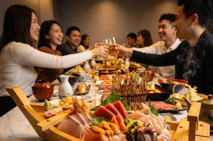 A group of smiling friends raising their glasses for a celebratory toast at a long dining table laden with a spectacular Japanese feast, with a large sashimi boat prominently in the foreground.