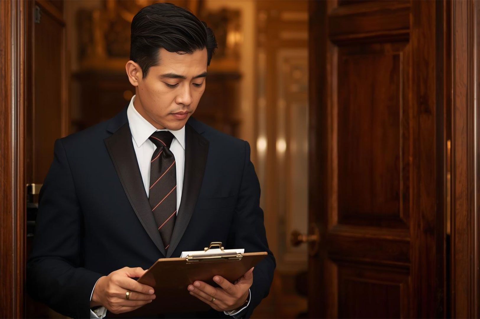 A formally dressed man in a dark tuxedo or suit, acting as a concierge or maître d', looking down and reviewing a reservation list on a wooden clipboard.