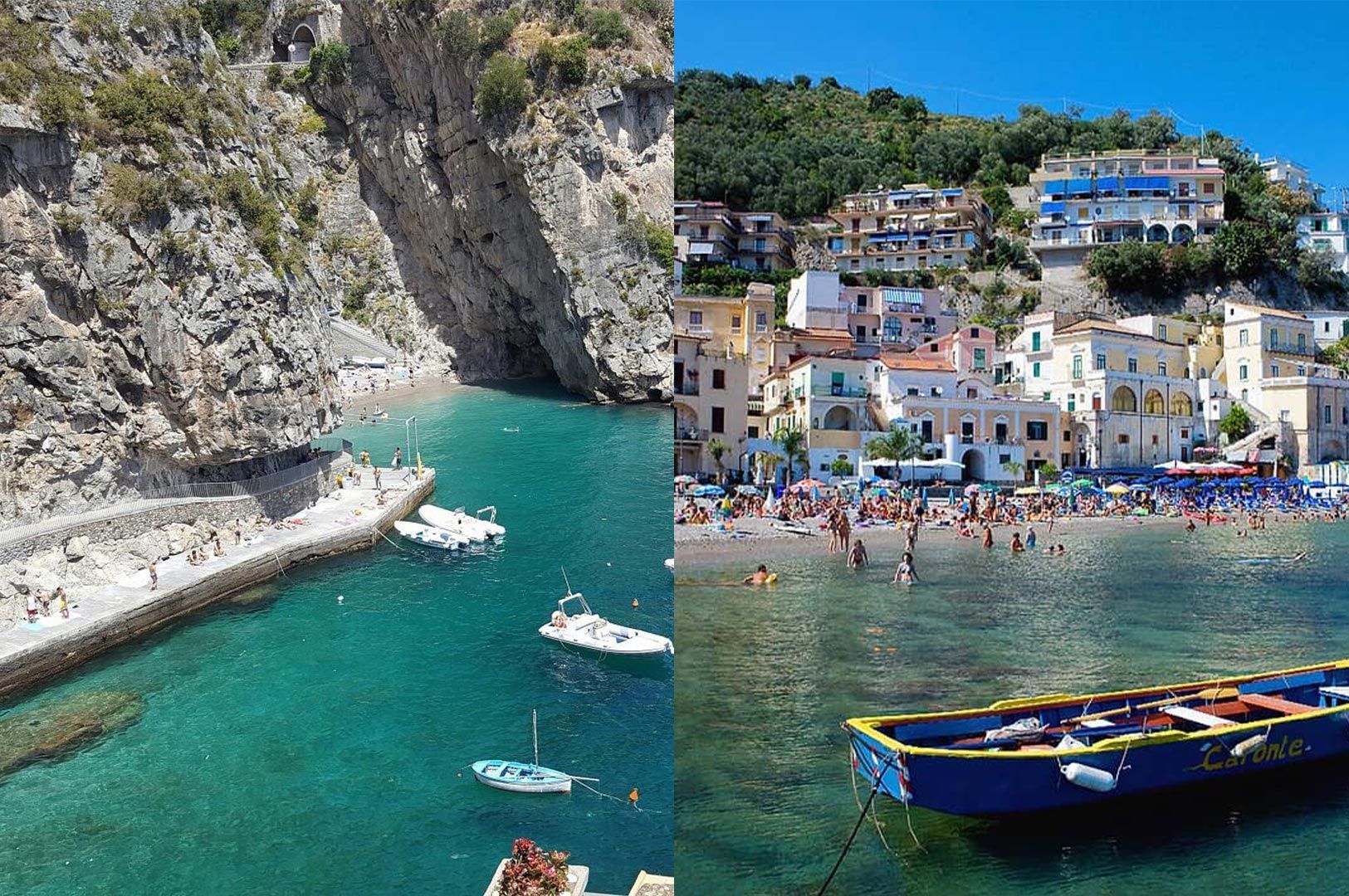 A collage featuring the turquoise waters of the Furore Fiord beach and a vibrant blue wooden boat docked at a crowded Italian coastal town.