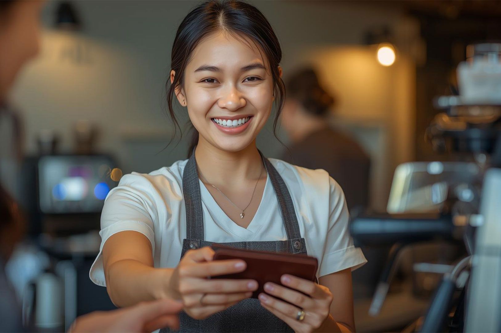 A young, cheerful female barista or server, smiling warmly, leans forward to hand a customer a card reader or phone in a brightly lit coffee shop.
