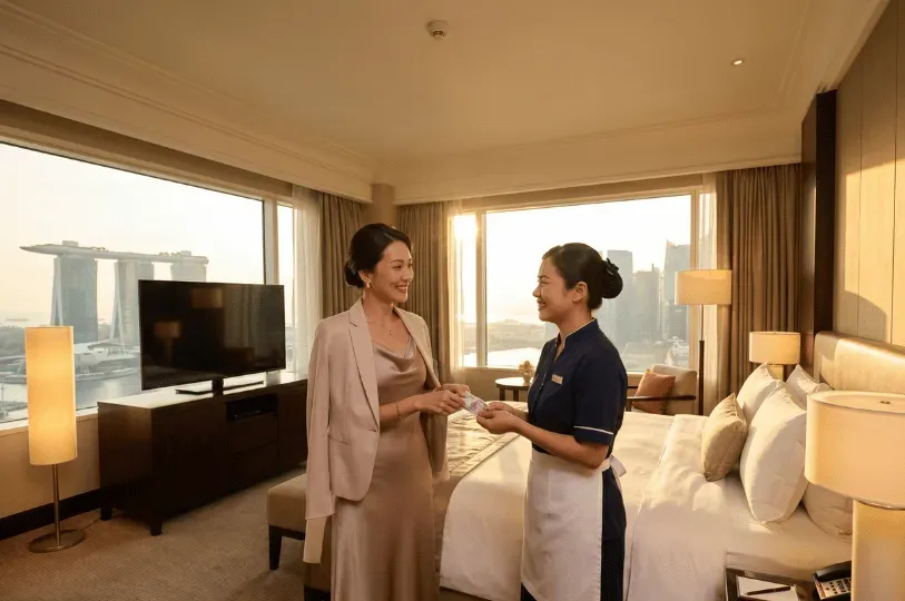 A cheerful interaction between a smartly dressed female hotel guest and a housekeeper in a blue uniform inside a sunlit luxury suite. They are standing next to a pristine bed, with the Marina Bay Sands and Singapore skyline visible through the large floor-to-ceiling window.