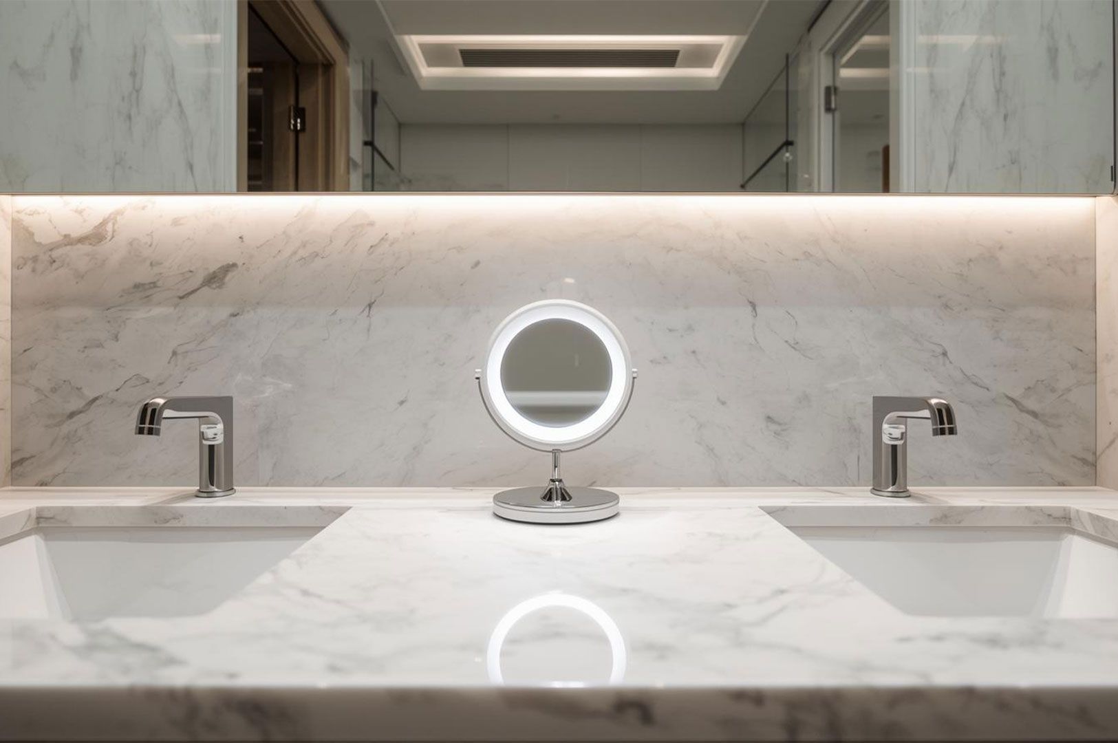 A circular, LED-lit magnifying makeup mirror centered on a luxurious white marble double-sink vanity counter.