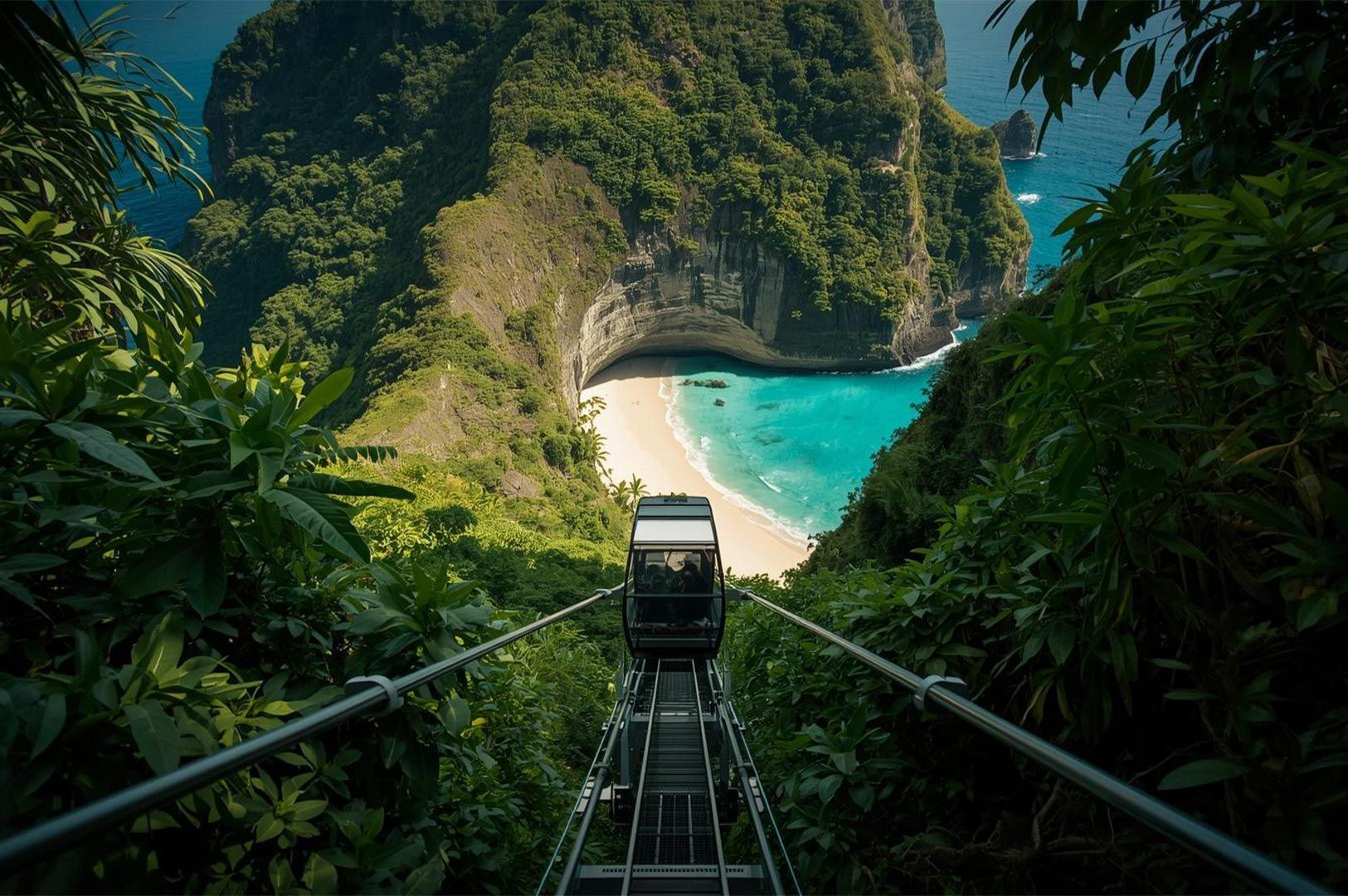 A high-angle view of the famous Kelingking Beach in Nusa Penida, seen from a glass-walled funicular descending the lush green cliffs.