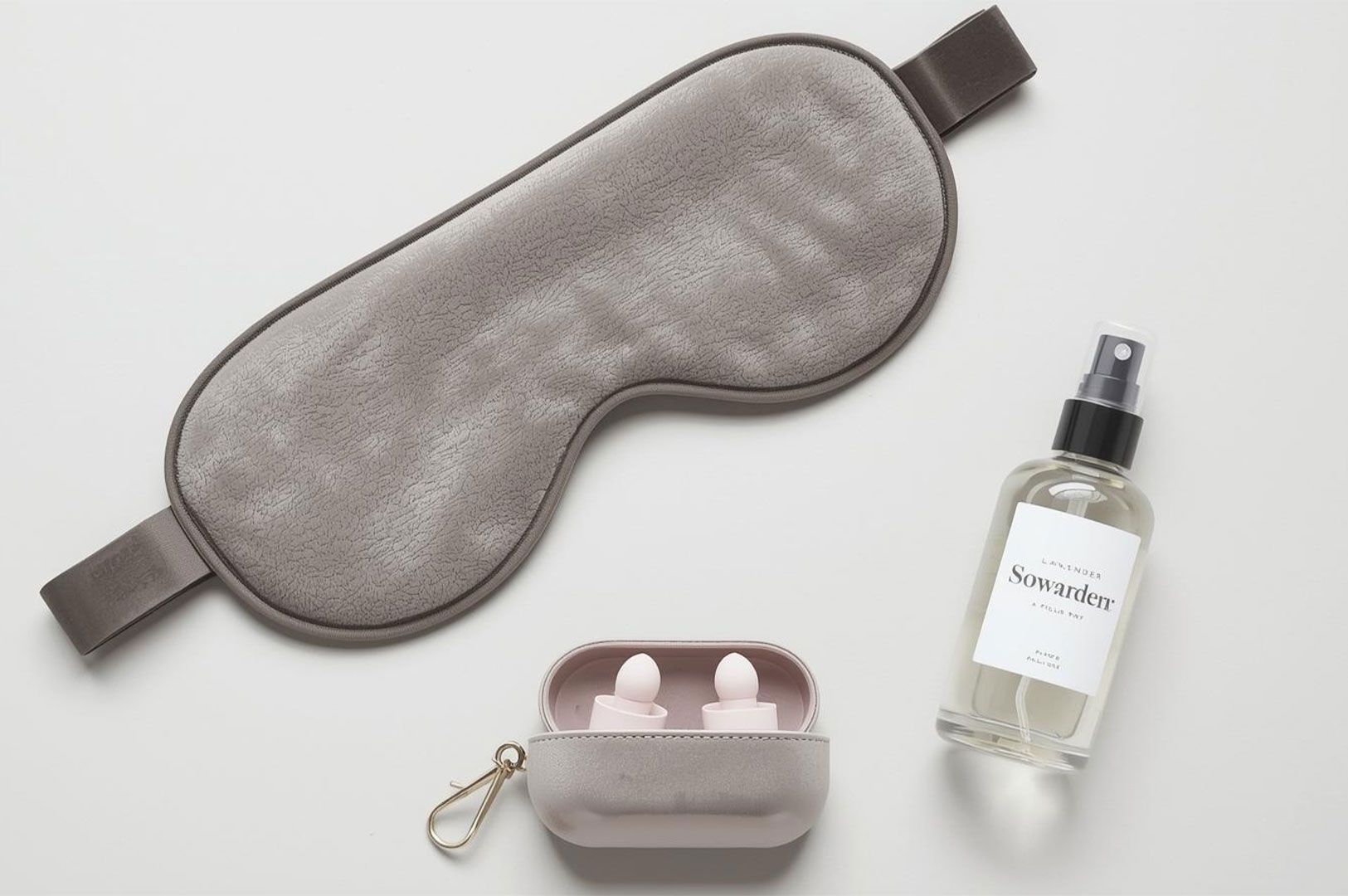 A flat lay of a travel sleep kit, including a soft, gray eye mask, a bottle of lavender pillow spray, and a small case holding earplugs or specialized noise-canceling earbuds.