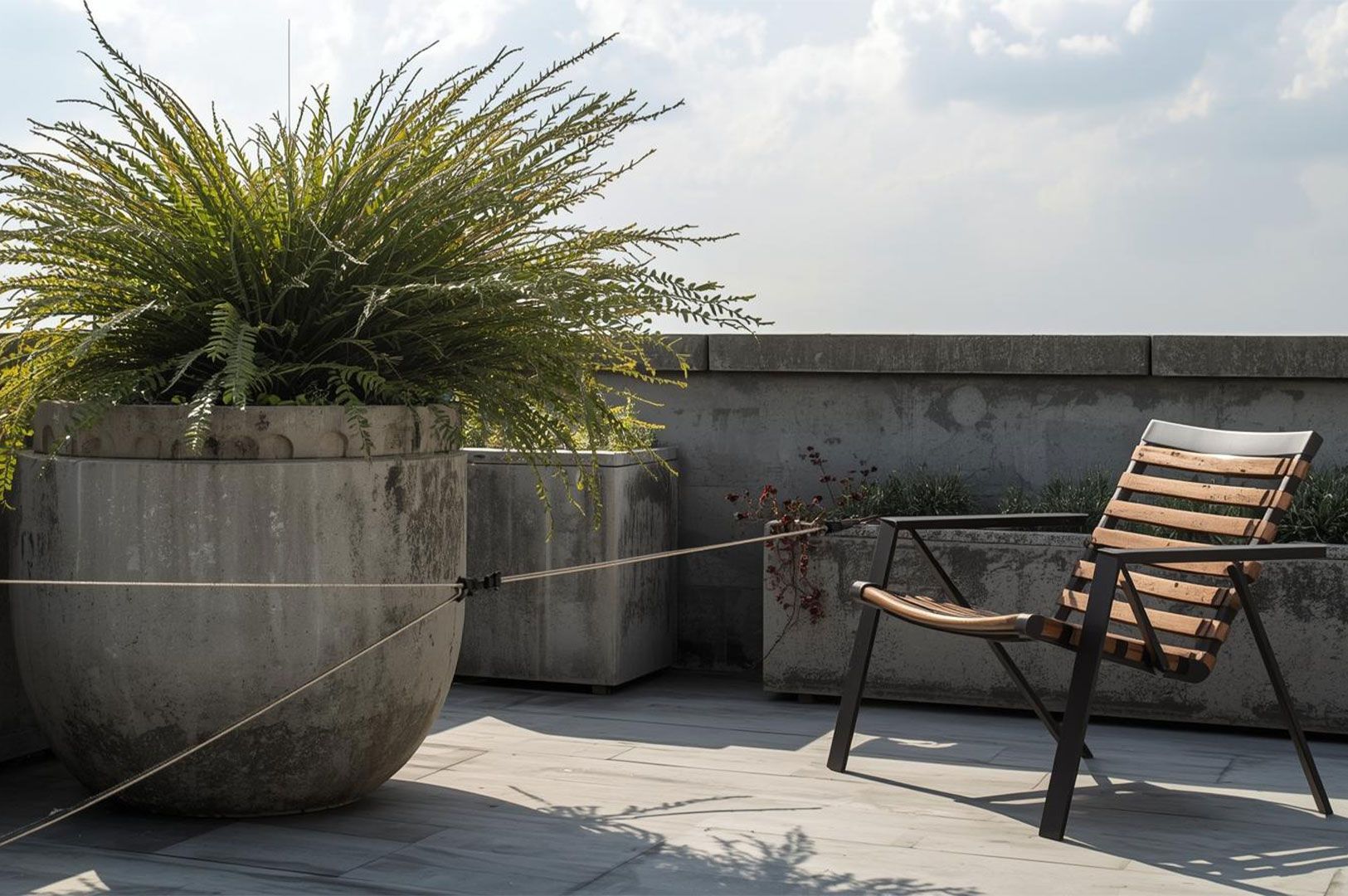 A modern outdoor lounge chair made of wood and metal sitting on a rooftop terrace next to a large concrete planter filled with ferns.