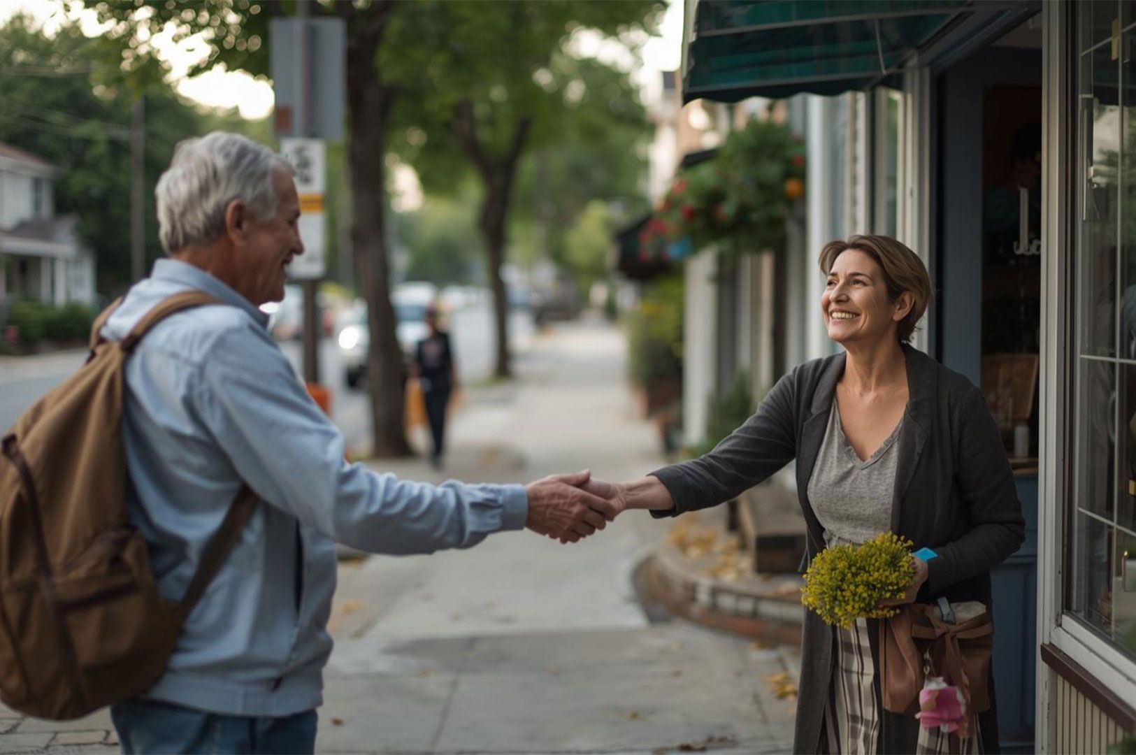 An older man in casual attire shakes hands with a smiling woman holding a bouquet of flowers outside a small, independent neighborhood shop.