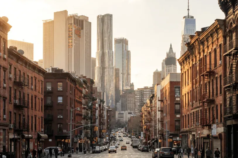 A classic New York street framed by older, red-brick tenement buildings with fire escapes, looking down the avenue toward towering modern skyscrapers, including One World Trade Center, in the distance.