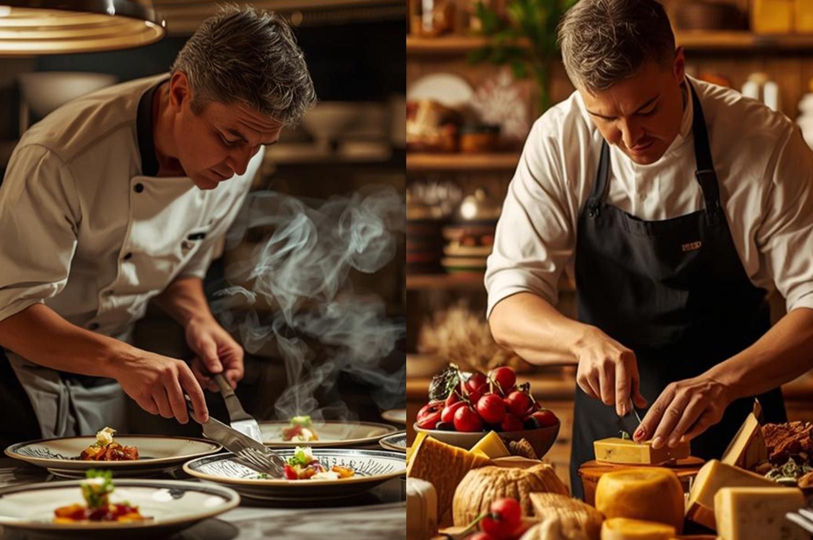 Split image showing a professional chef in a white coat plating a steaming gourmet dish and a chef slicing artisanal cheese in a rustic kitchen.