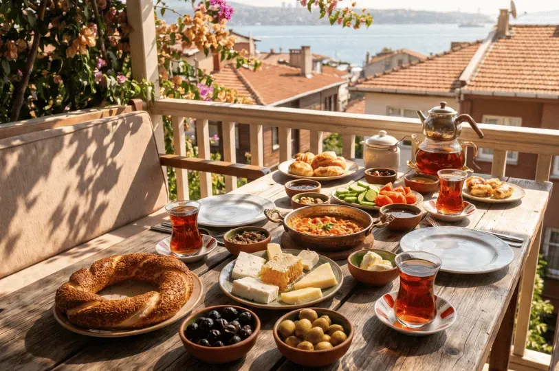 A lavish Turkish breakfast spread on a wooden table on a sunny balcony overlooking the water, featuring simit bread, honeycomb, assorted cheeses, olives, menemen in a copper pan, and traditional Turkish tea.