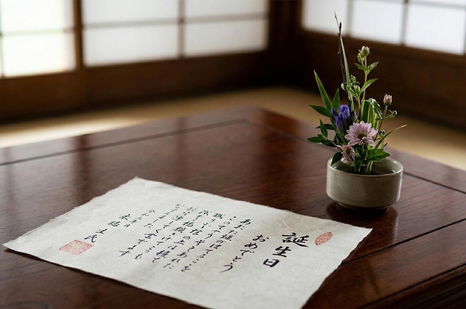 A handwritten Japanese birthday message on washi paper placed on a wooden table next to a small, elegant ikebana flower arrangement.