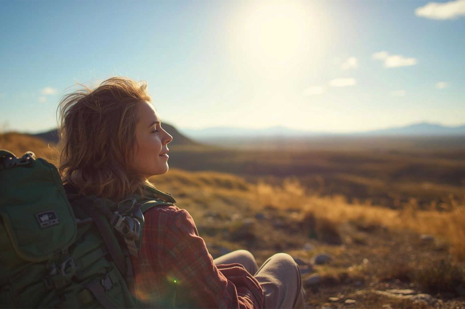 A happy female hiker with a large green backpack sitting on a grassy hilltop, relaxing with eyes closed and face turned toward the bright sun, overlooking a vast, dry valley and distant mountains.