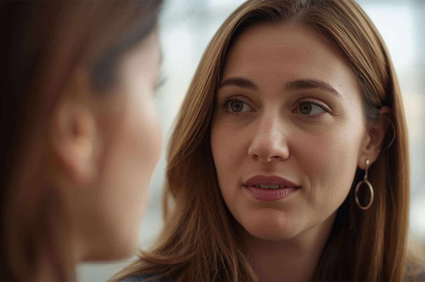 Close-up of a woman looking directly at a conversation partner with an attentive, empathetic expression, symbolizing full presence and active listening.