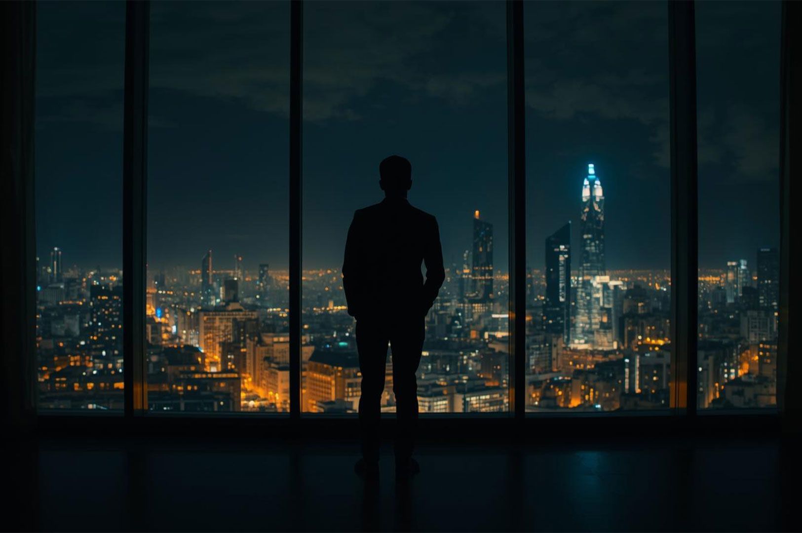 The silhouette of a man in a suit standing in front of a floor-to-ceiling window, looking out at a panoramic city skyline filled with skyscrapers at night.