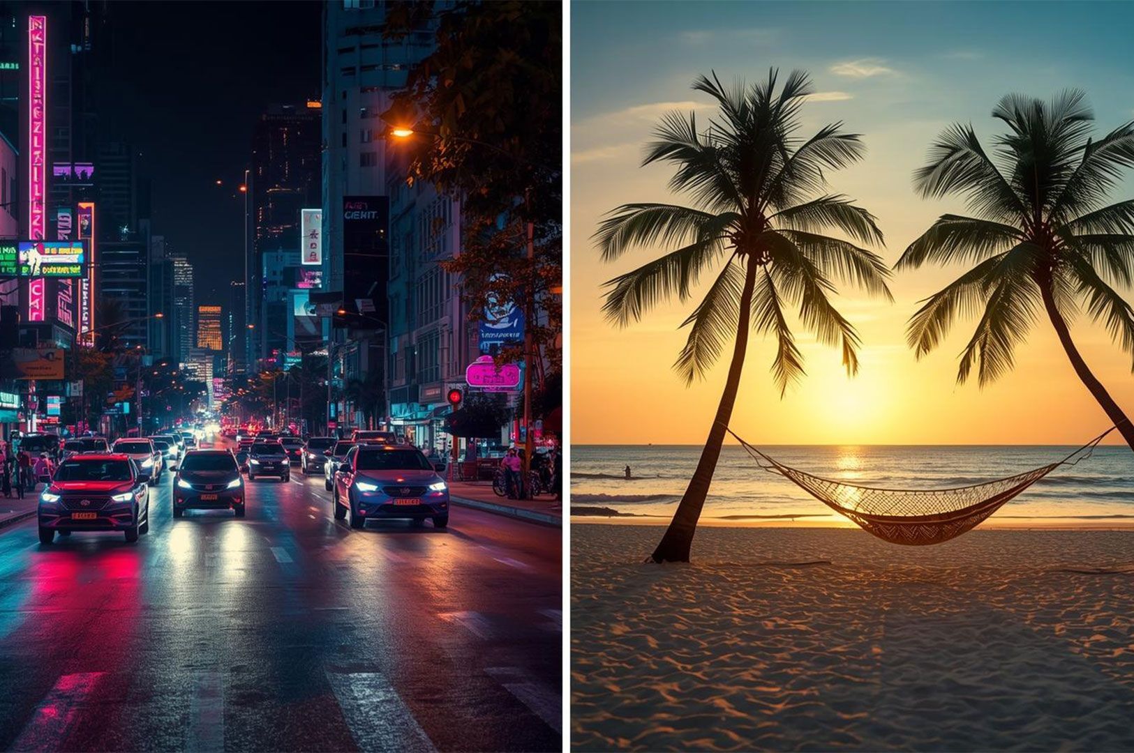 A split-screen comparison image showing a busy city street with neon signs and traffic at night on the left, and a peaceful beach sunset with a hammock silhouetted between palm trees on the right.