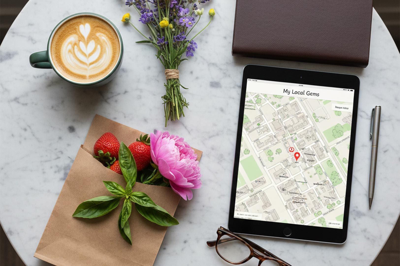 A lifestyle flatlay of a latte, flowers, strawberries, and a tablet displaying a 
