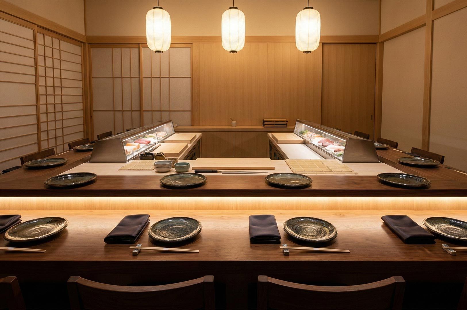 Interior view of a high-end, empty sushi omakase counter with wooden finishes, minimalist decor, and warm hanging paper lanterns.
