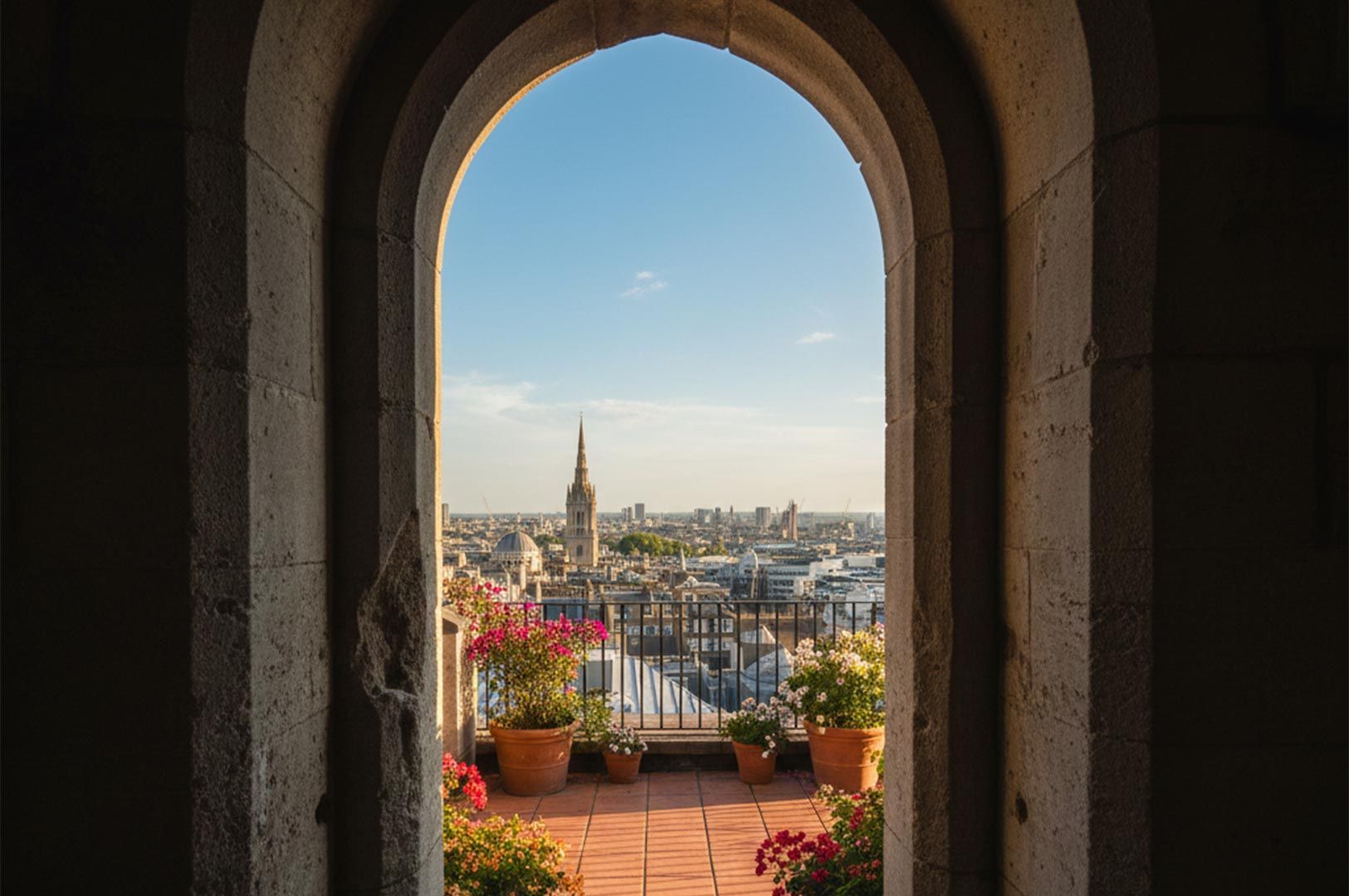 A scenic view of a European city skyline with a church spire, framed by a stone archway on a balcony with potted pink and white flowers.