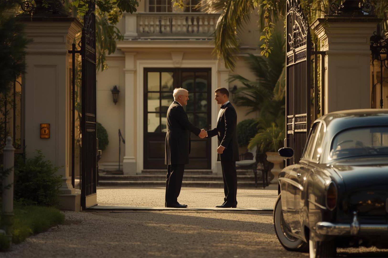 Two men in black tie attire shaking hands in the driveway of a grand Mediterranean-style villa, with a vintage luxury car parked in the foreground.