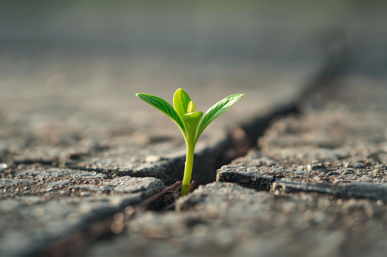 A single, bright green seedling or sprout pushing its way up through a thin crack in gray asphalt or concrete, symbolizing resilience and new beginnings.