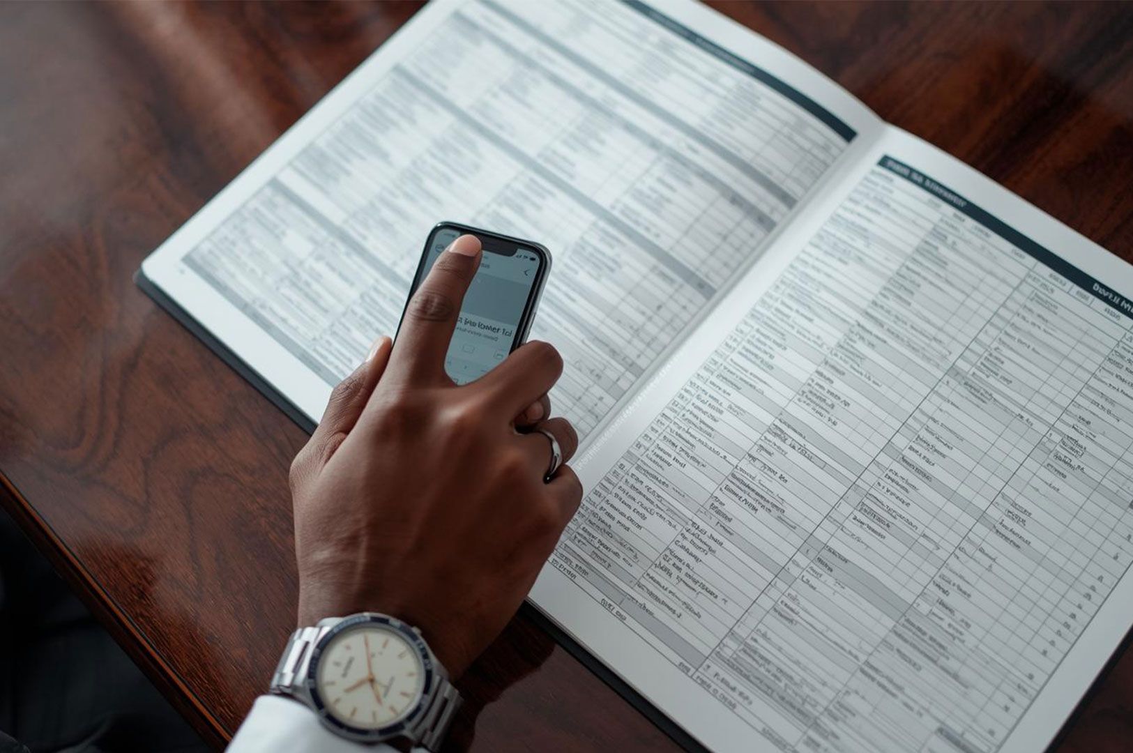 A close-up of a person's hand (wearing a watch) using a smartphone to scroll or tap, set against an open business planner or large spreadsheet, representing scheduling or booking exclusive reservations.