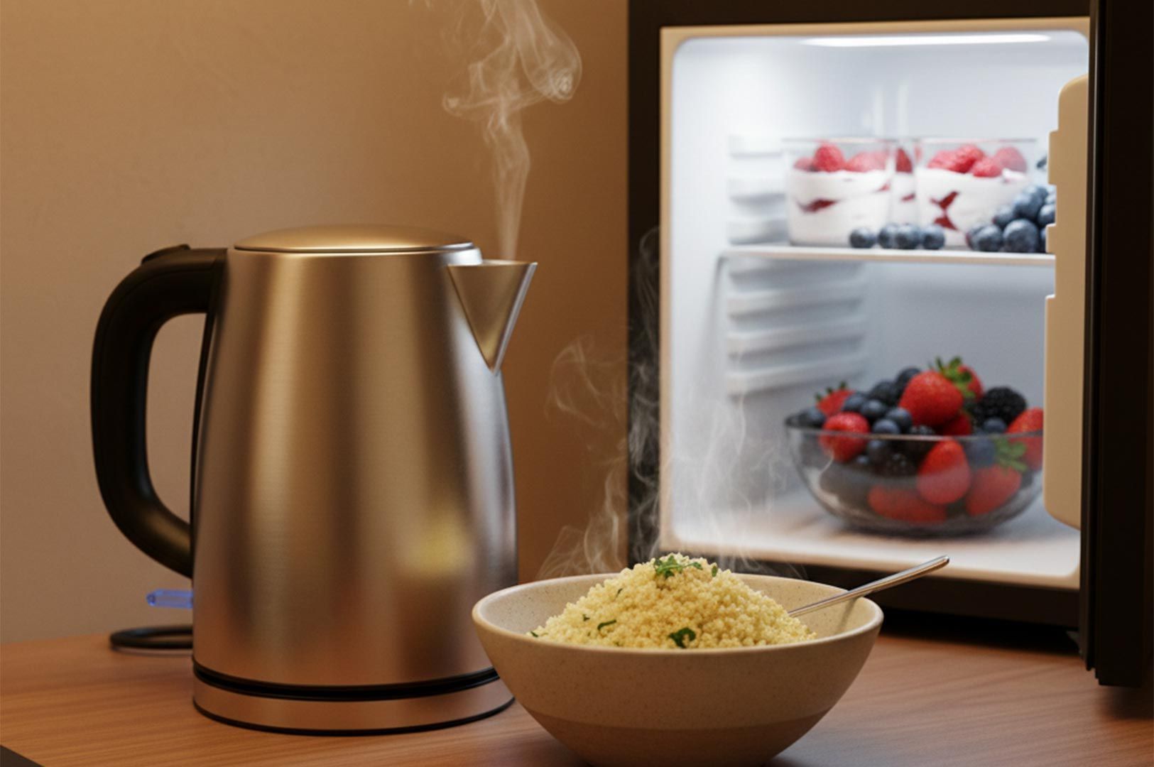 A steaming stainless steel electric kettle next to a bowl of couscous, with an open mini-fridge stocked with berries and yogurt in the background.