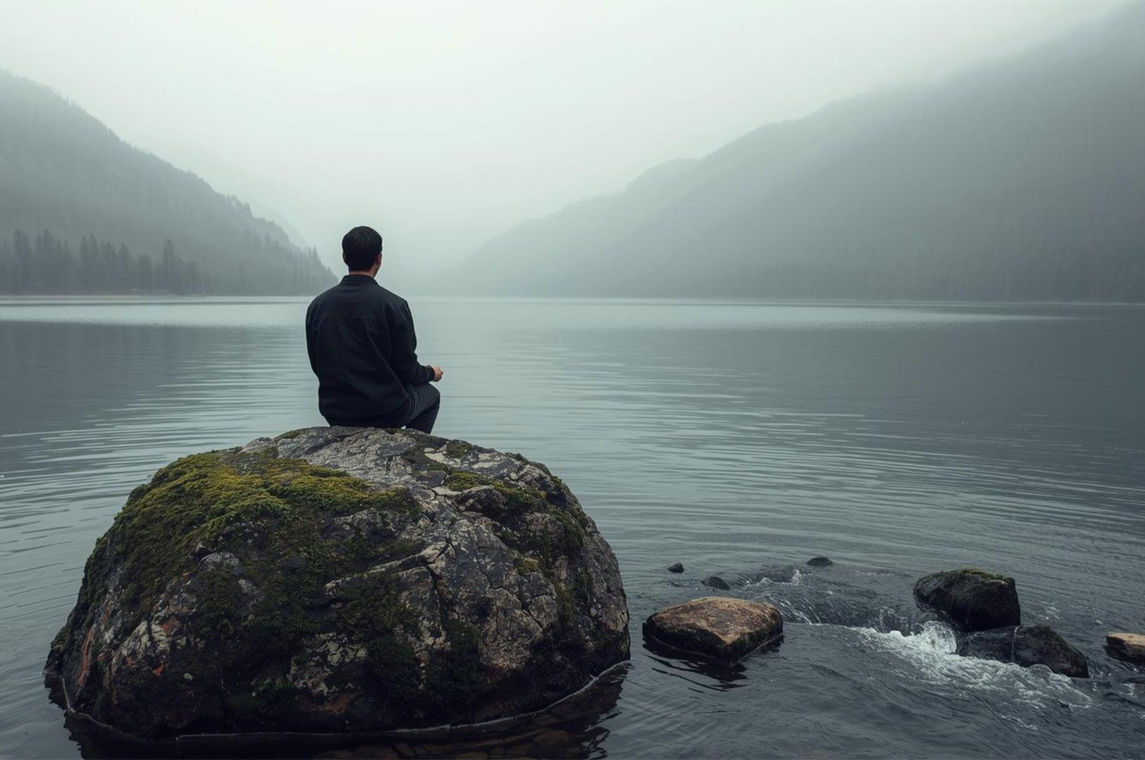 A man sitting in a meditative pose on a mossy rock by a calm, misty lake with mountains in the background, symbolizing stillness and presence in nature.