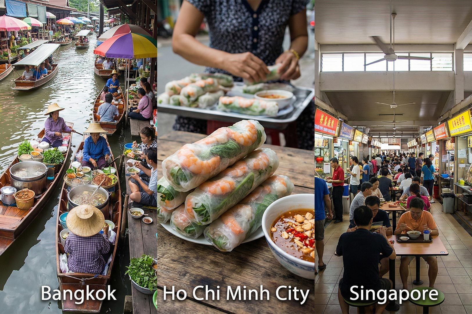 A travel collage comparing three Southeast Asian food scenes: a floating market in Bangkok, fresh spring rolls in Ho Chi Minh City, and a busy indoor hawker center in Singapore.