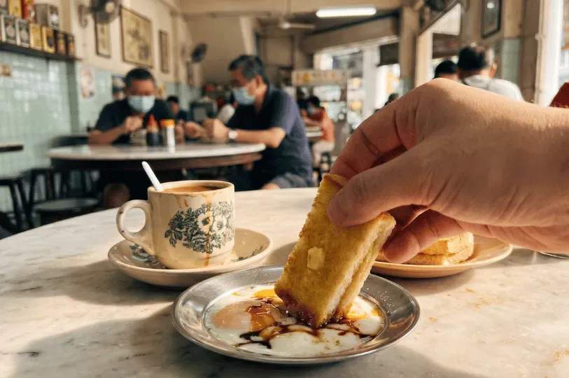 A first-person view of a hand dipping buttered toast into a plate of soft-boiled eggs with soy sauce on a marble table, with a cup of traditional coffee nearby and patrons sitting in a vintage coffee shop in the background.