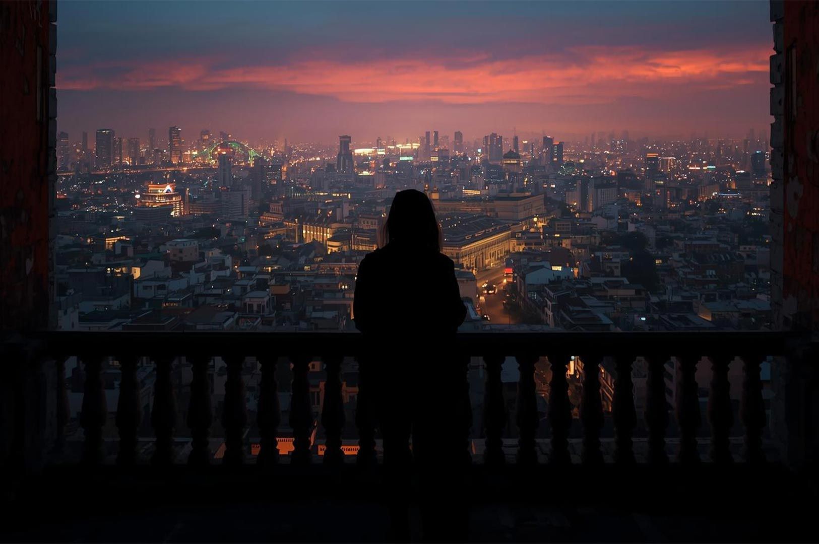 Silhouette of a person standing on a balcony overlooking a sprawling city skyline illuminated by city lights under a vibrant pink and purple sunset.
