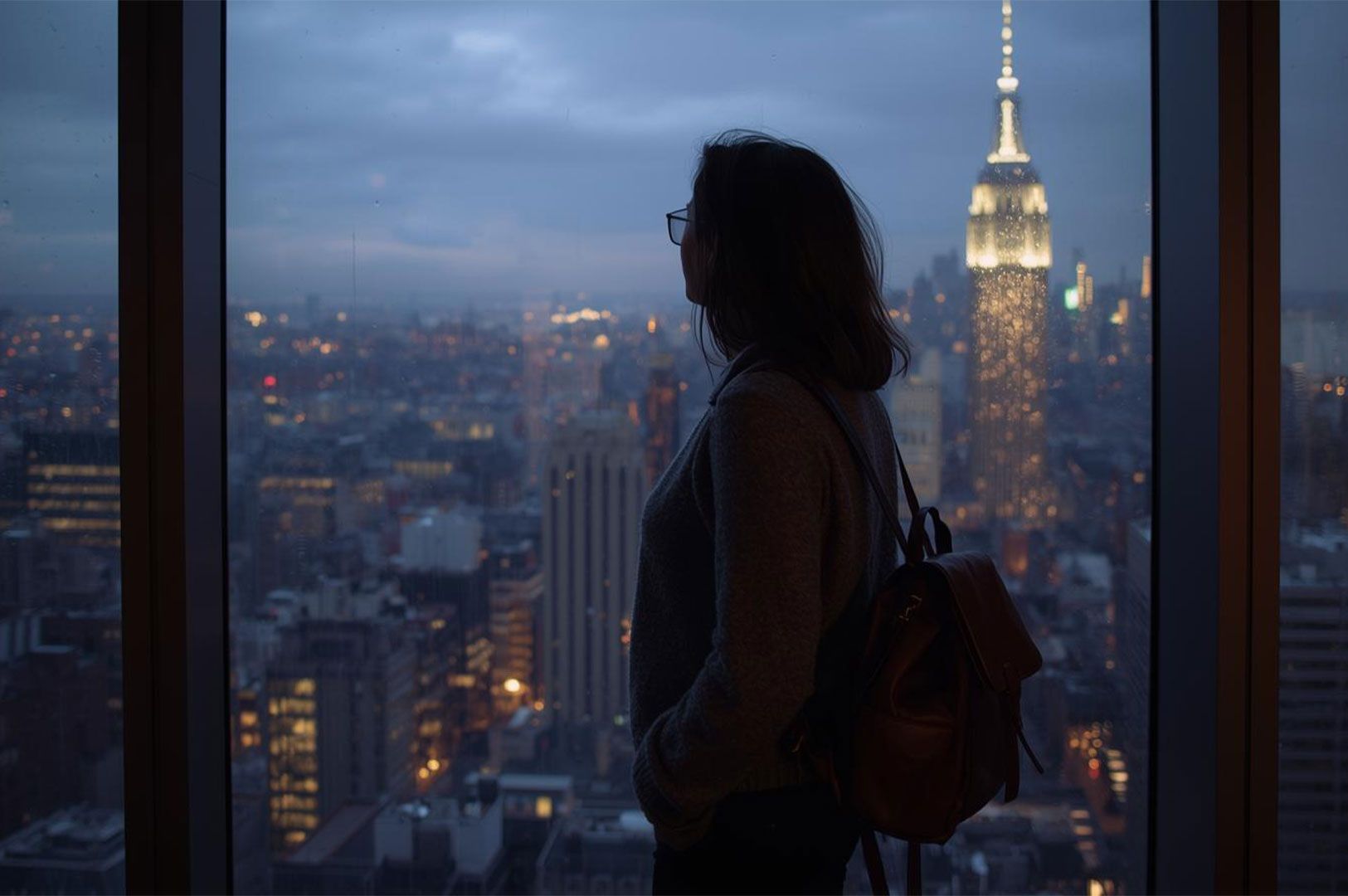 A woman wearing a backpack stands silhouetted against a large window, looking out at the illuminated New York City skyline and the Empire State Building at twilight.