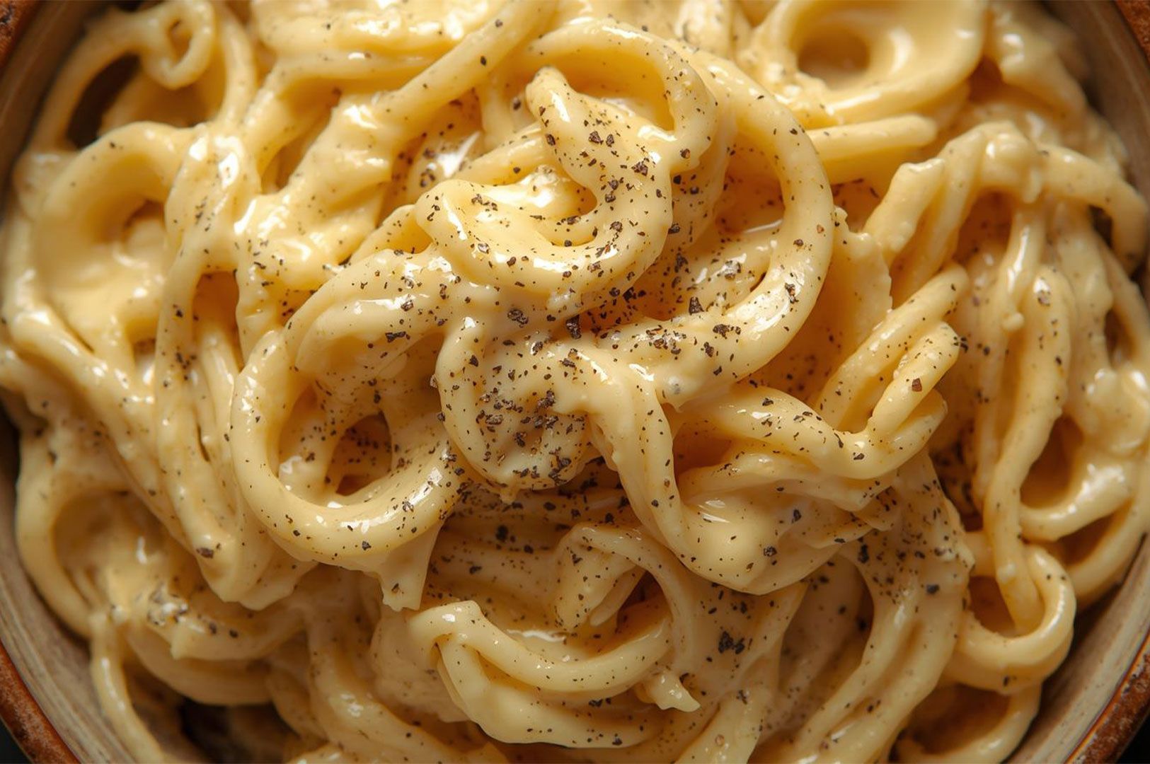 Close-up of authentic Italian Cacio e Pepe pasta, featuring thick, round spaghetti coated in a rich, creamy Pecorino Romano cheese sauce, generously sprinkled with freshly cracked black pepper.