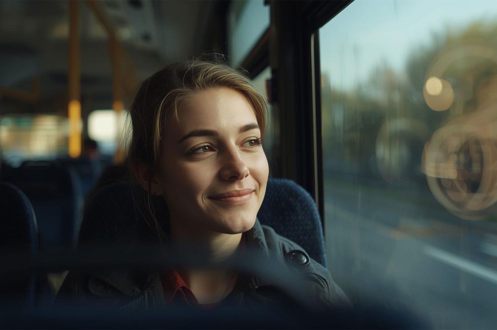 A close-up of a smiling, young woman with blonde hair sitting on a bus or train, looking happily out the window at the blurred passing scenery during her journey.