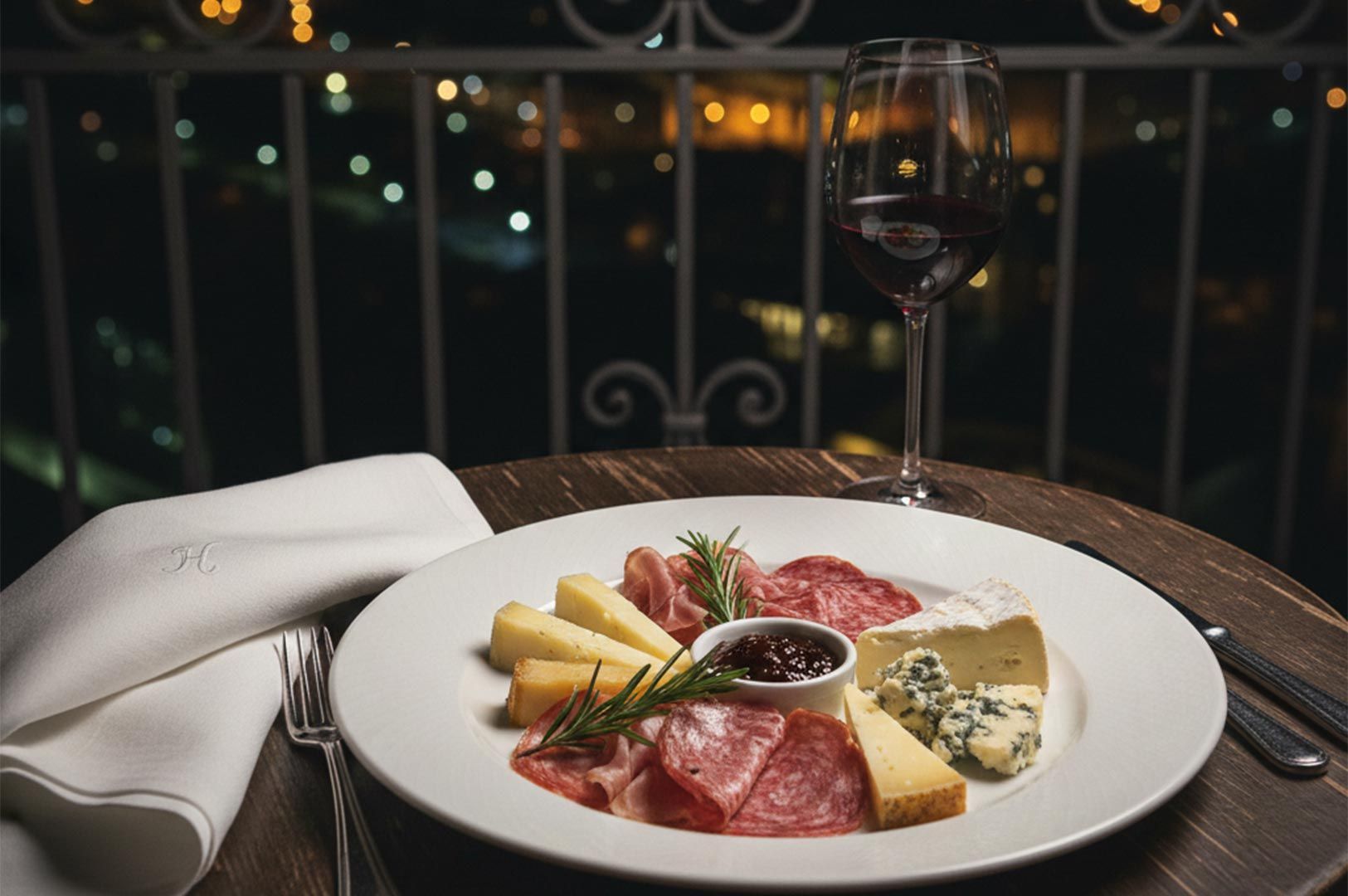 A charcuterie board featuring salami and cheese alongside a glass of red wine on a balcony table, set against a backdrop of city lights at night.