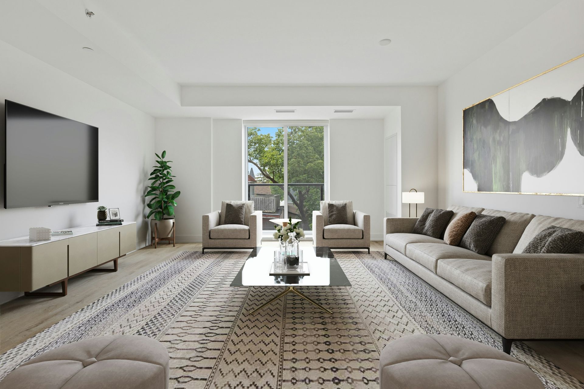 Travelling Assistant : Spacious living room featuring a contemporary sofa and panoramic windows.