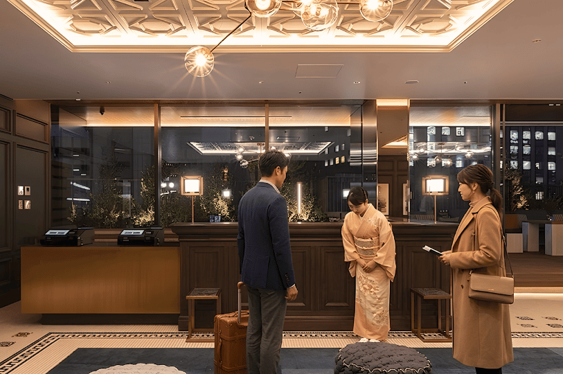 A female hotel staff member in a traditional light kimono performs a respectful bow to two guests standing with their luggage at a sophisticated reception desk. The modern, luxury lobby is warmly lit, with large windows overlooking a green terrace and city lights at night.