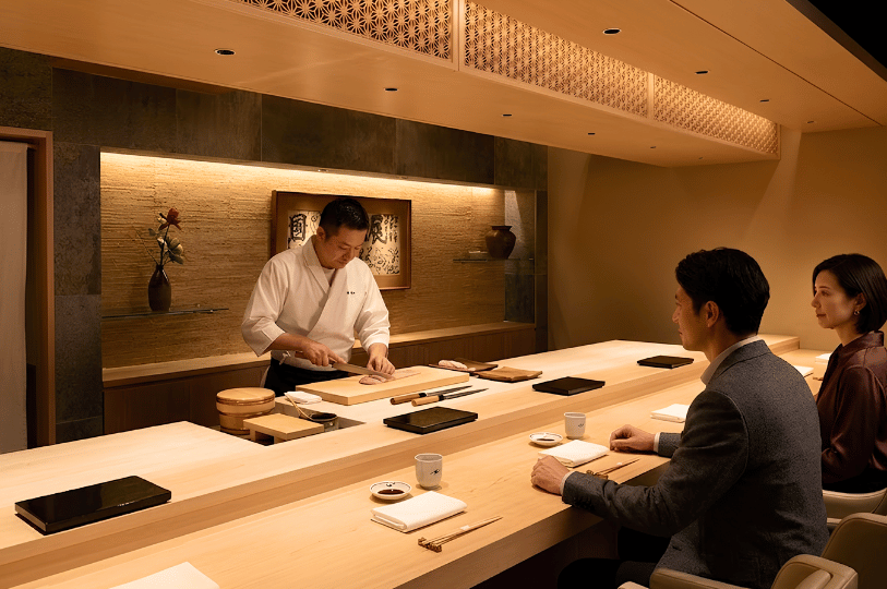 A skilled male Japanese chef in a white uniform meticulously slices fish at a clean, intimate wooden sushi counter for two seated guests. The minimalist setting is warmly lit, with neat place settings and under-counter lighting. Authentic details like Japanese liquor bottles and a single flower are on the back shelf.