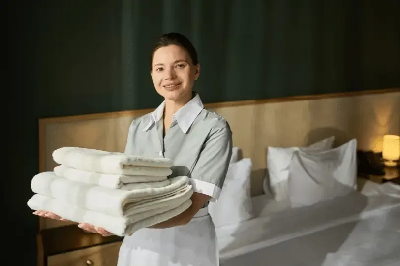 A smiling hotel housekeeper in a grey and white uniform standing in a neatly made guest room, holding a stack of fresh white towels.