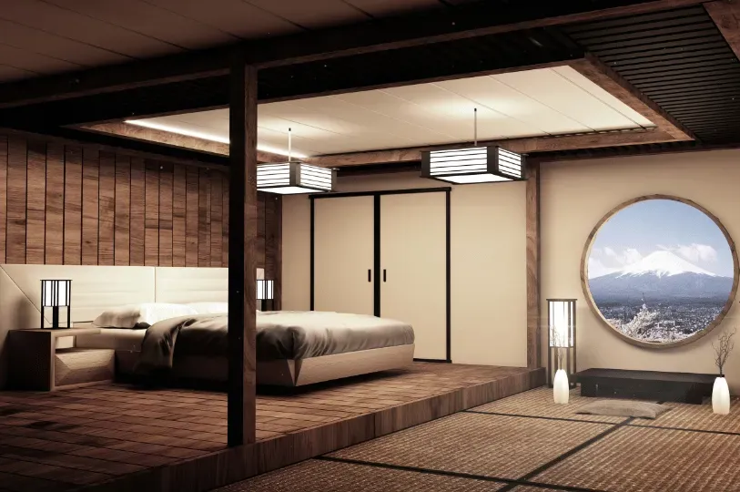 A meticulously arranged hotel room blending traditional Japanese architecture, including tatami mat