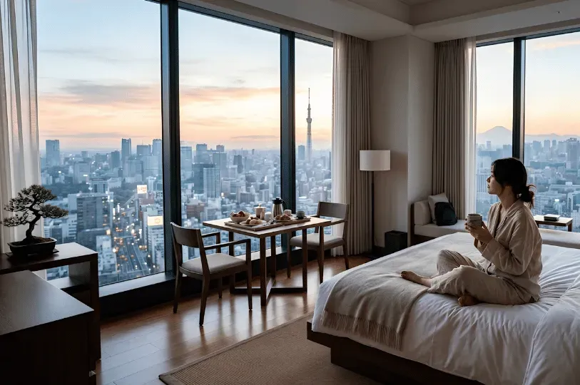 A woman sitting on a hotel bed in pajamas, looking out a large floor-to-ceiling window at the Tokyo 