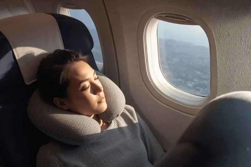 A woman sleeping peacefully in an airplane window seat using a grey U-shaped neck pillow. Soft sunlight from the window illuminates her face, highlighting a strategy for resting during long-haul flights.
