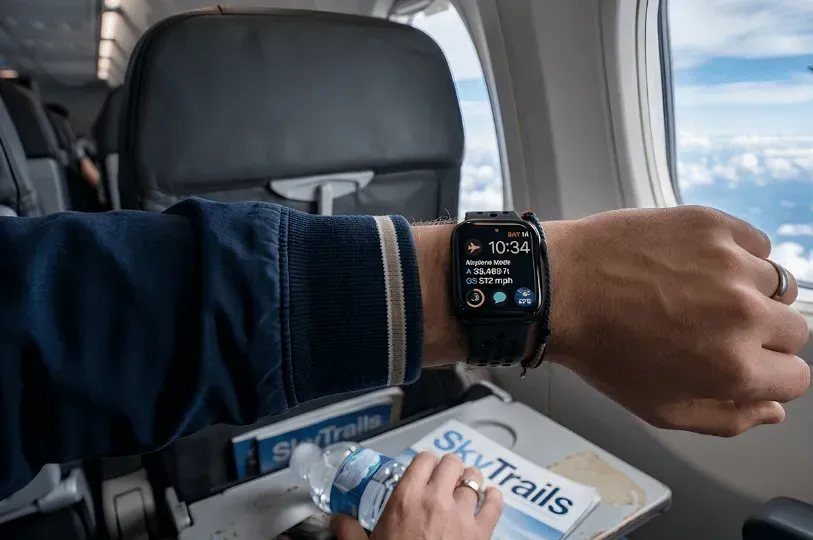A passenger's arm wearing a smartwatch that displays 